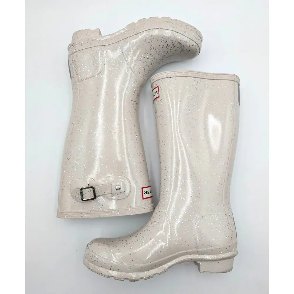 Hunter Original Giant Glitter Waterproof Rain Boots Kids' Ivory Size US3 EU34